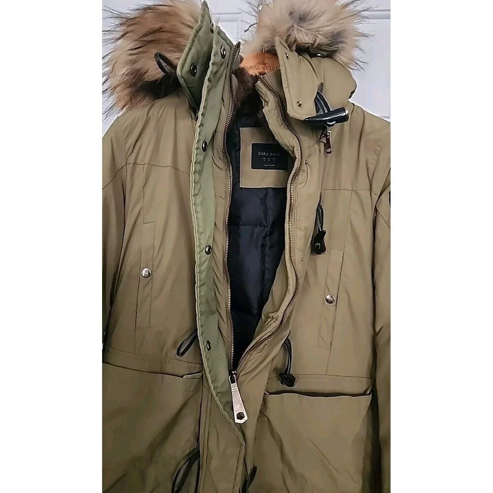Zara Hooded Puffer Parka Jacket Womens Med With Toggles Olive Army Green - Picture 9 of 12